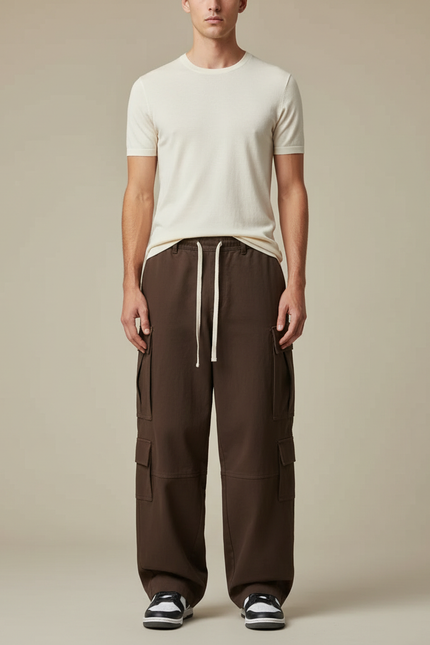 Pantalon Parachute Marron Ample Coton Cargo Homme