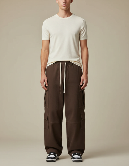 Pantalon Parachute Marron Ample Coton Cargo Homme