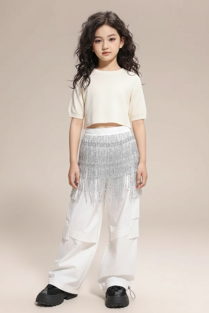 Pantalon Parachute Blanc Cargo Ample Brillant Fille - Toile