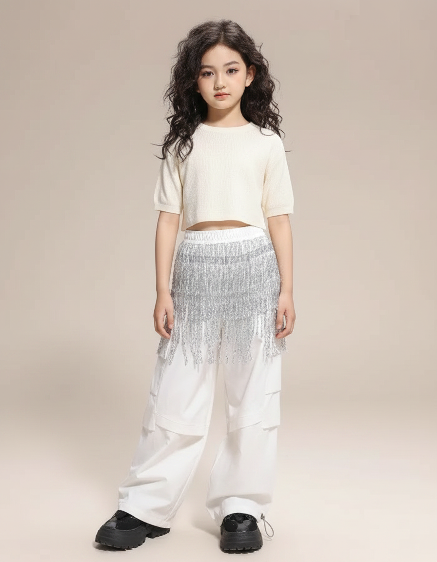 Pantalon Parachute Blanc Cargo Ample Brillant Fille - Toile