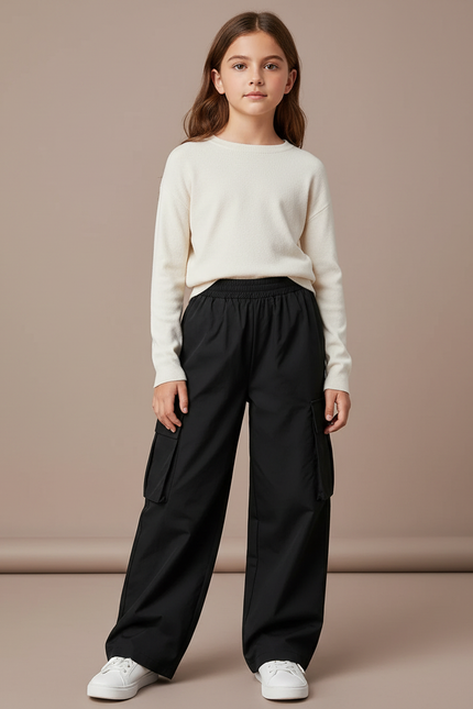 Pantalon Parachute Noir Ample Cargo Enfant - Polyester