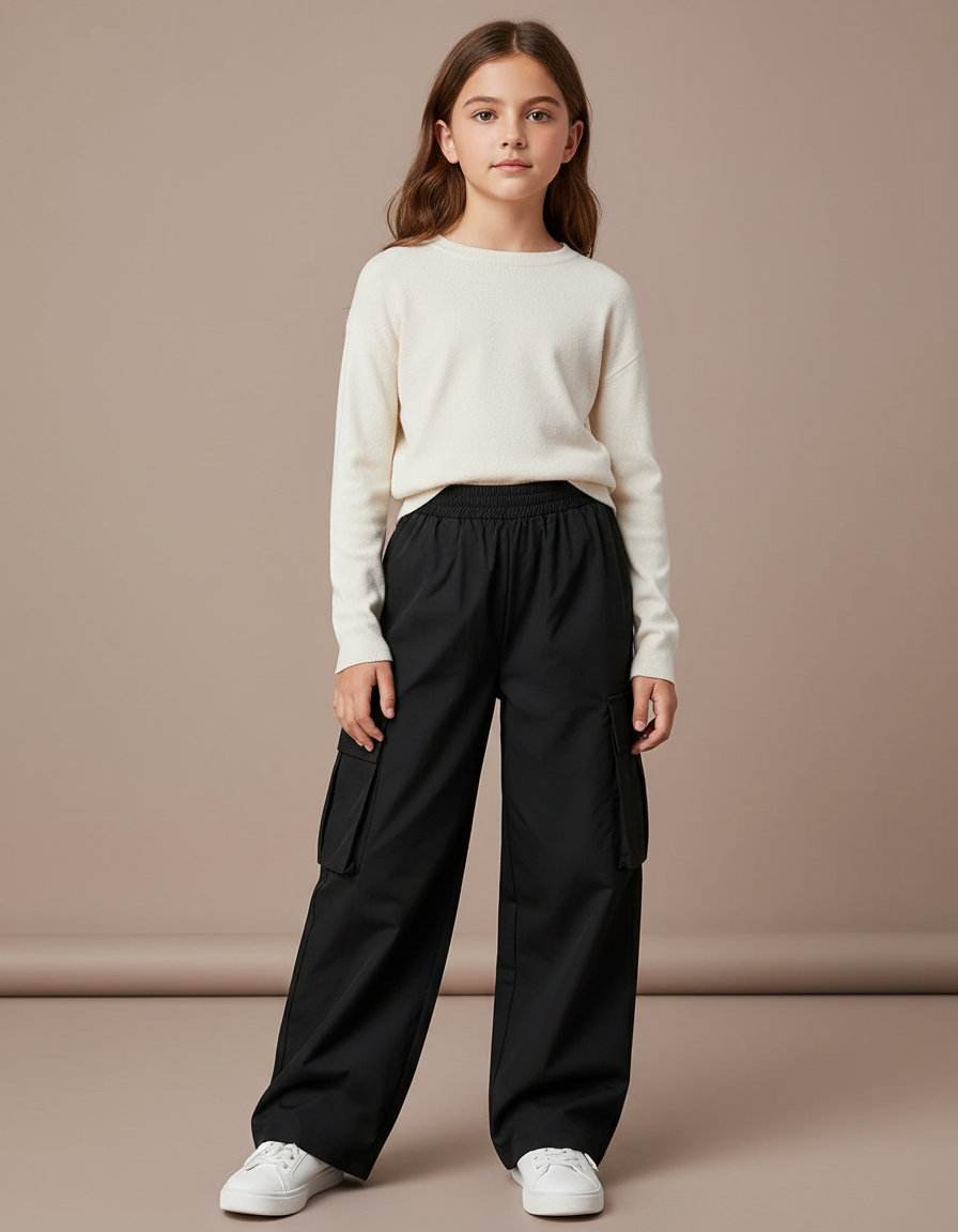 Pantalon Parachute Noir Ample Cargo Enfant - Polyester