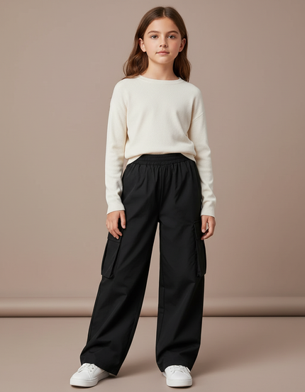 Pantalon Parachute Noir Ample Cargo Enfant - Polyester