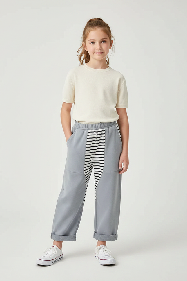 Pantalon Parachute Gris Ample Rayé Enfant Décontracté - Molleton