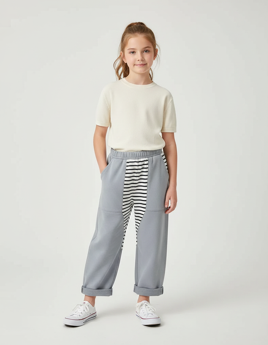 Pantalon Parachute Gris Ample Rayé Enfant Décontracté - Molleton