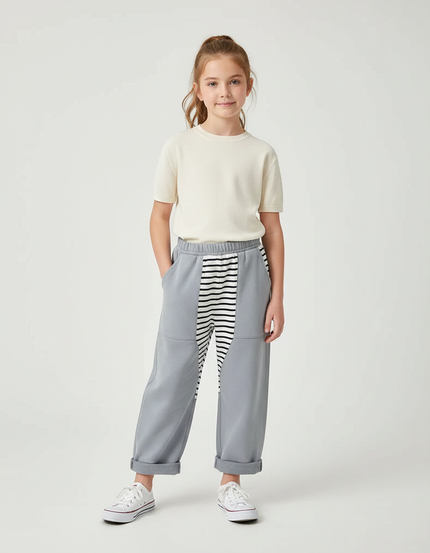 Pantalon Parachute Gris Ample Rayé Enfant Décontracté - Molleton