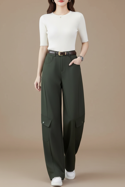 Pantalon Parachute Vert Militaire Ample Cargo Femme - Kaki Polyester