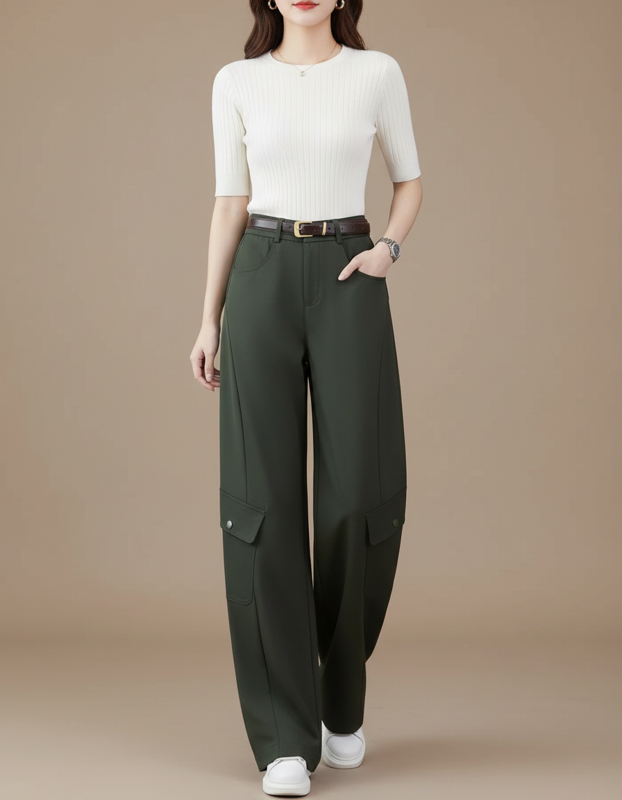 Pantalon Parachute Vert Militaire Ample Cargo Femme - Kaki Polyester