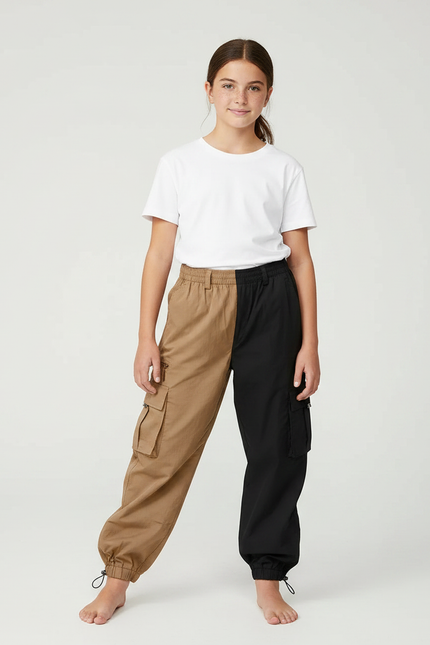 Pantalon Parachute Bicolore Cargo Ample Coton Enfant - Multicolore