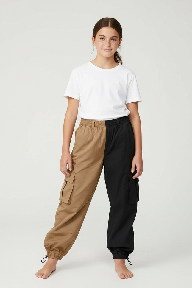 Pantalon Parachute Bicolore Cargo Ample Coton Enfant - Multicolore