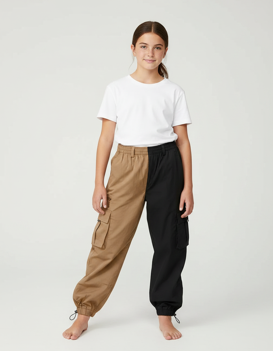 Pantalon Parachute Bicolore Cargo Ample Coton Enfant - Multicolore