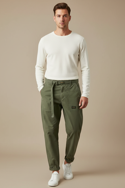 Pantalon Parachute Kaki Coton Ample Décontracté Homme