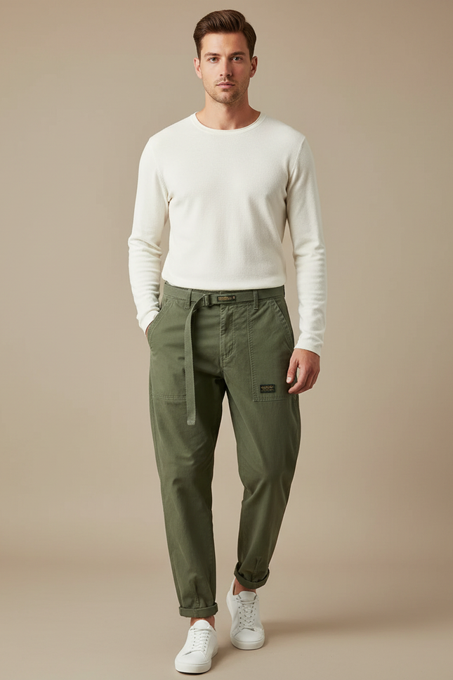 Pantalon Parachute Kaki Coton Ample Décontracté Homme