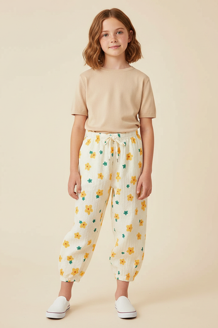 Pantalon Parachute Crème Fleuri Ample Léger Enfant - Beige Coton