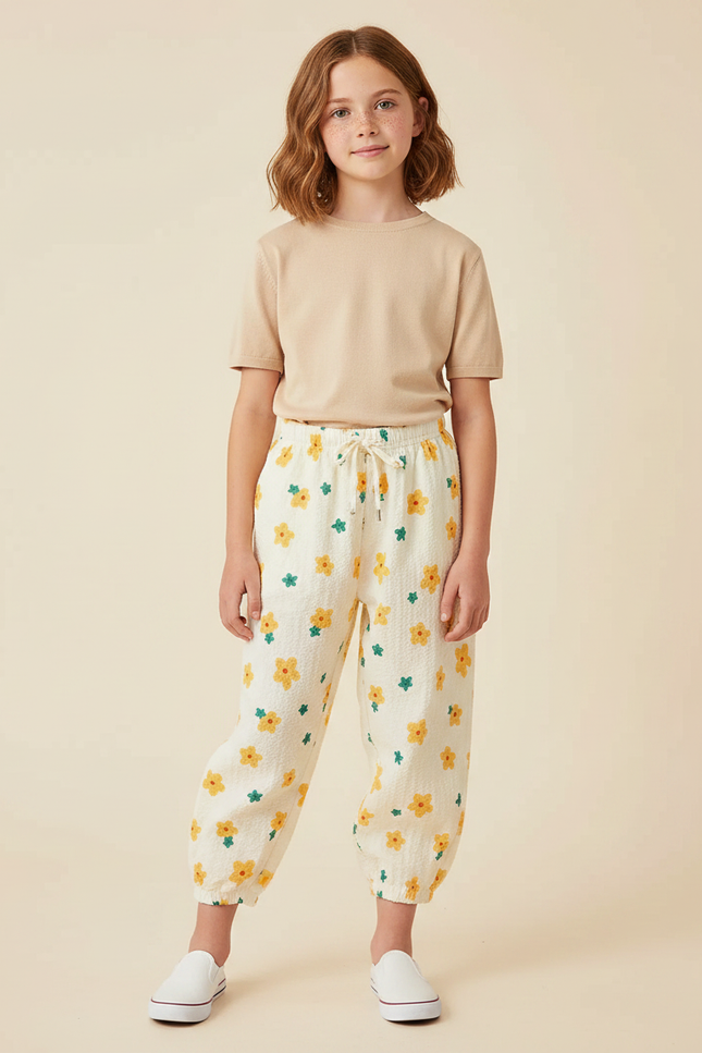 Pantalon Parachute Crème Fleuri Ample Léger Enfant - Beige Coton