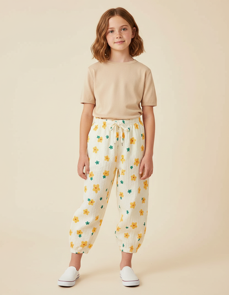 Pantalon Parachute Crème Fleuri Ample Léger Enfant - Beige Coton