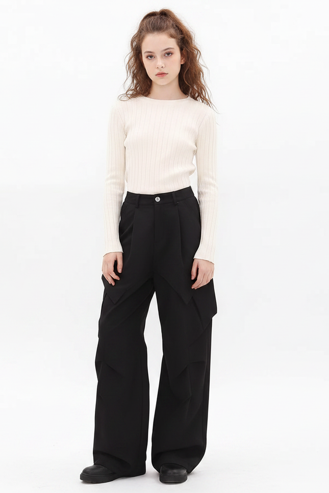 Pantalon Parachute Noir Ample Cargo Femme Urbain - Polyester