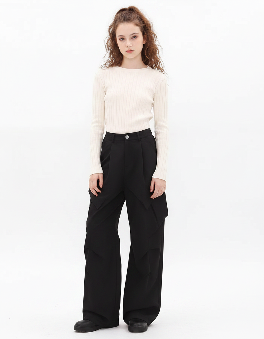 Pantalon Parachute Noir Ample Cargo Femme Urbain - Polyester