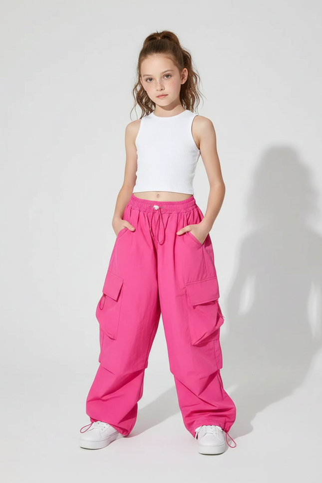 Pantalon Parachute Rose Cargo Ample Fille Enfants - Polyester