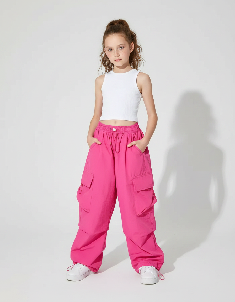 Pantalon Parachute Rose Cargo Ample Fille Enfants - Polyester