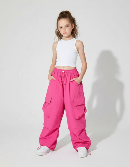 Pantalon Parachute Rose Cargo Ample Fille Enfants - Polyester