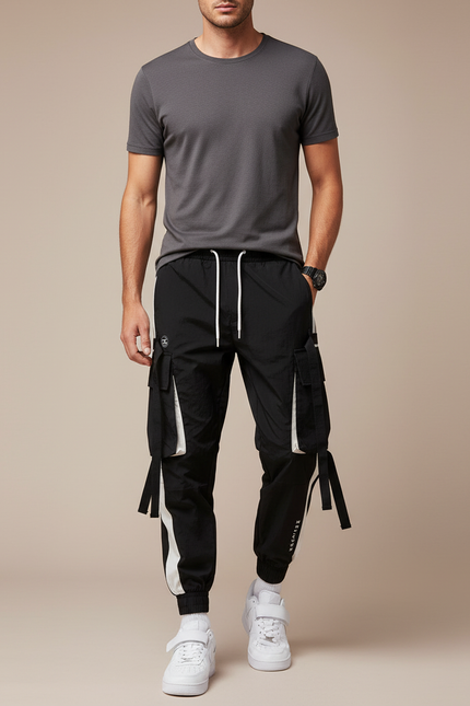 Pantalon Parachute Noir Cargo Cordon Streetwear Homme - Polyester