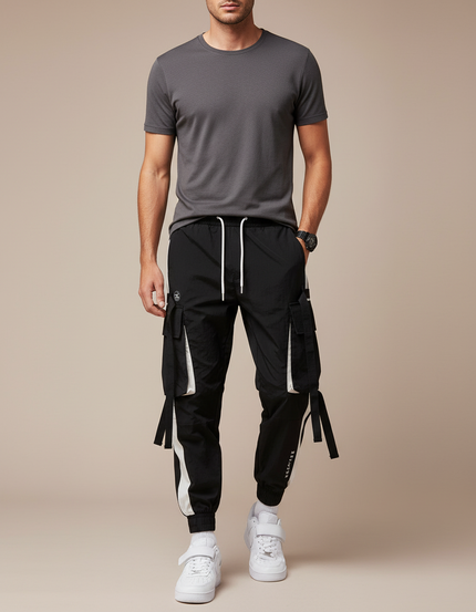Pantalon Parachute Noir Cargo Cordon Streetwear Homme - Polyester