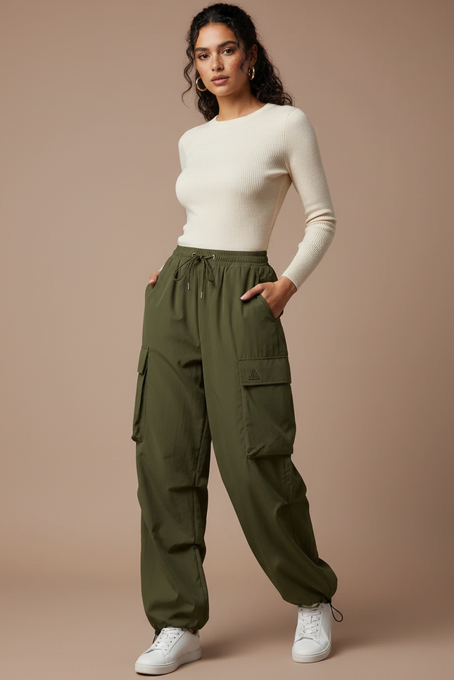 Pantalon Parachute Kaki Cargo Ample Cordon Femme - Polyester
