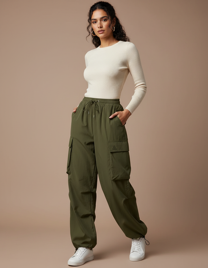 Pantalon Parachute Kaki Cargo Ample Cordon Femme - Polyester