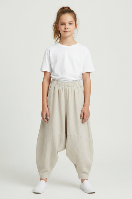 Pantalon Parachute Lin Ample Beige Décontracté Fille