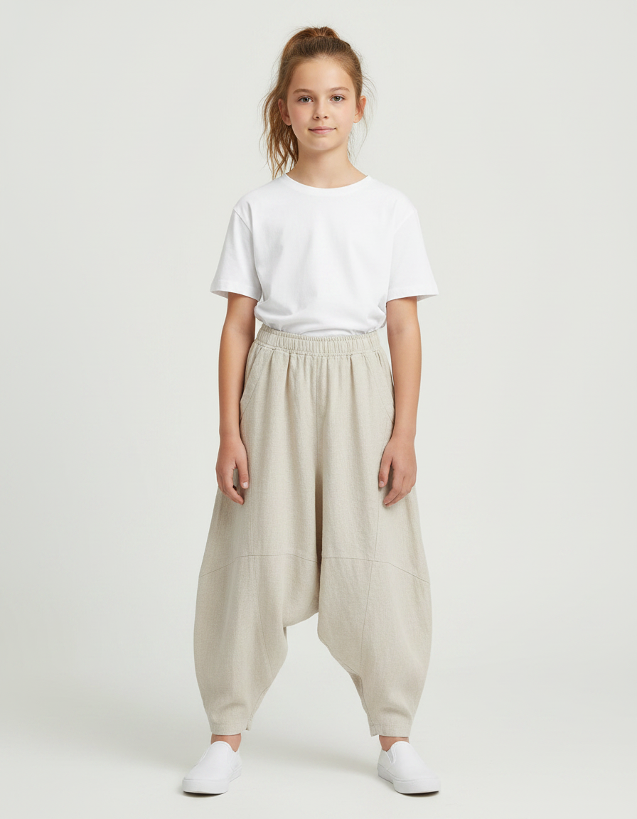 Pantalon Parachute Lin Ample Beige Décontracté Fille