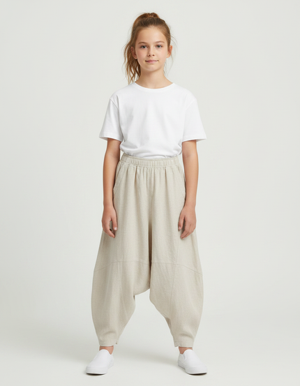 Pantalon Parachute Lin Ample Beige Décontracté Fille
