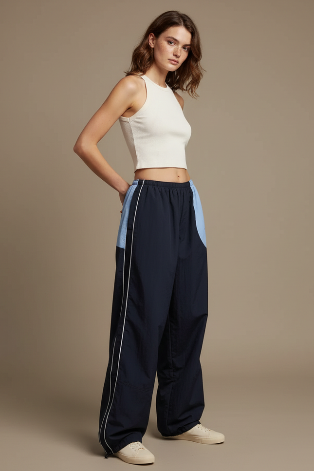 Pantalon Parachute Marine Bicolore Ample Décontracté - Polyester