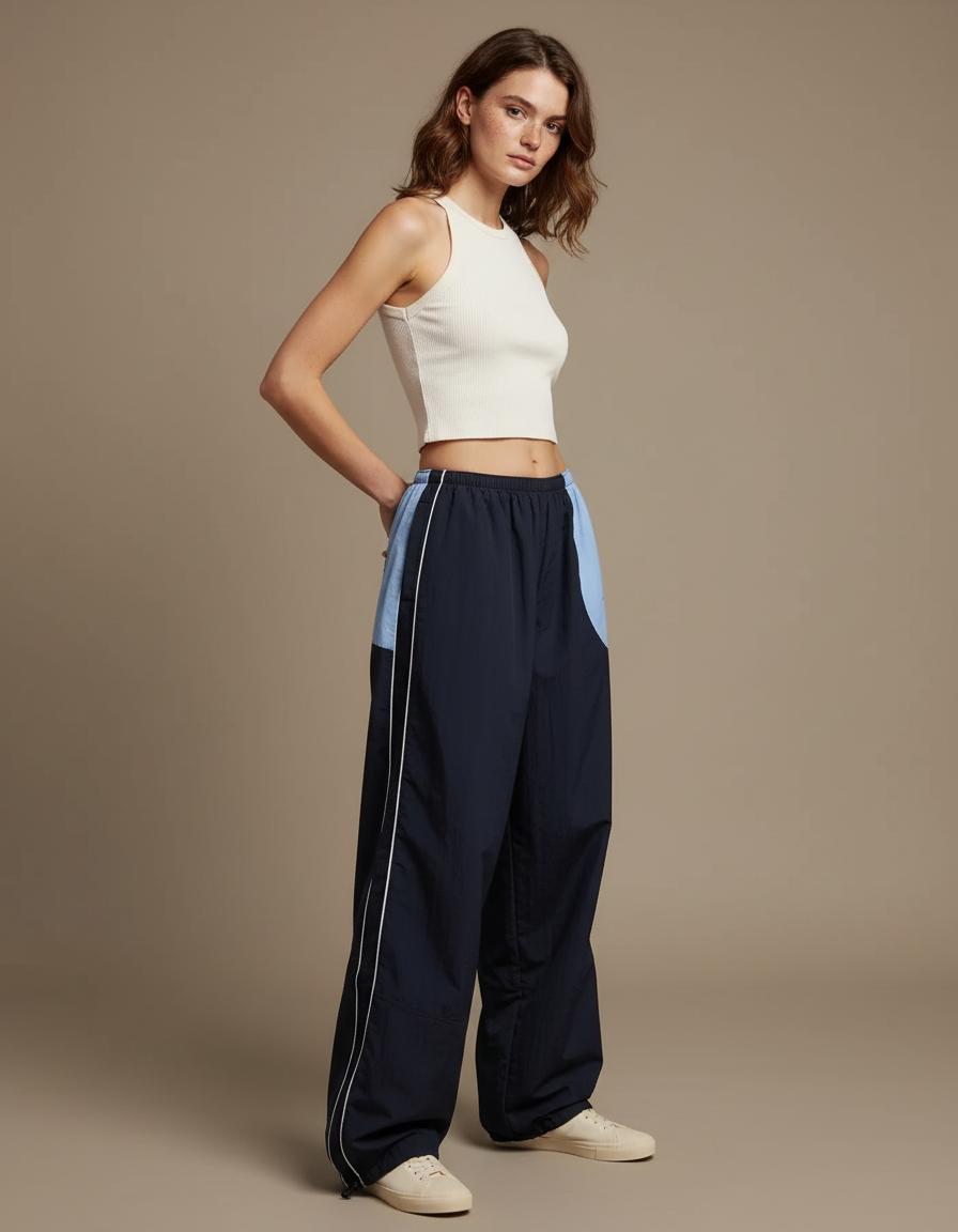 Pantalon Parachute Marine Bicolore Ample Décontracté - Polyester