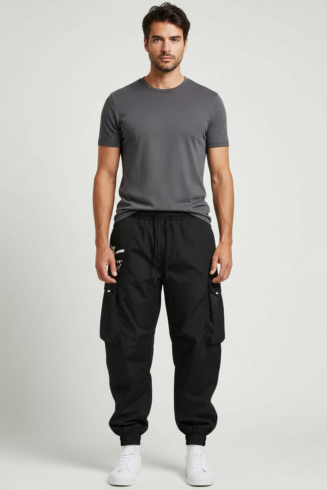Pantalon Parachute Homme Noir Cargo - Polyester