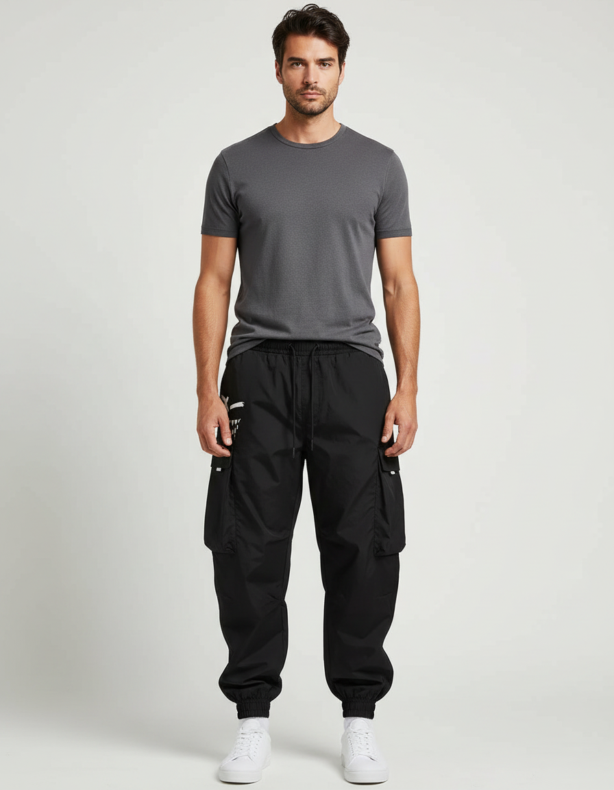 Pantalon Parachute Homme Noir Cargo - Polyester