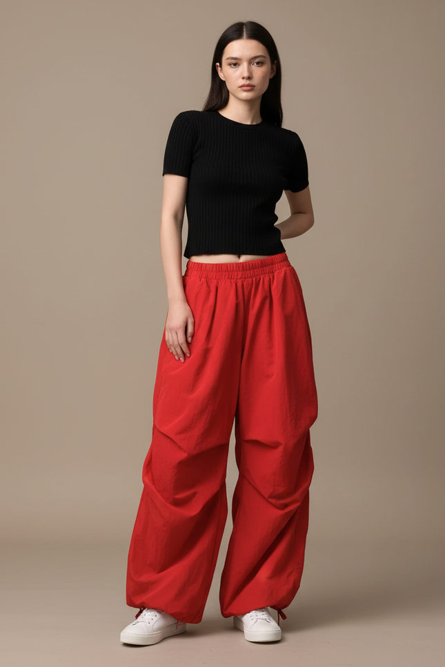 Pantalon Parachute Rouge Ample Fluide Décontracté Cordon - Coton