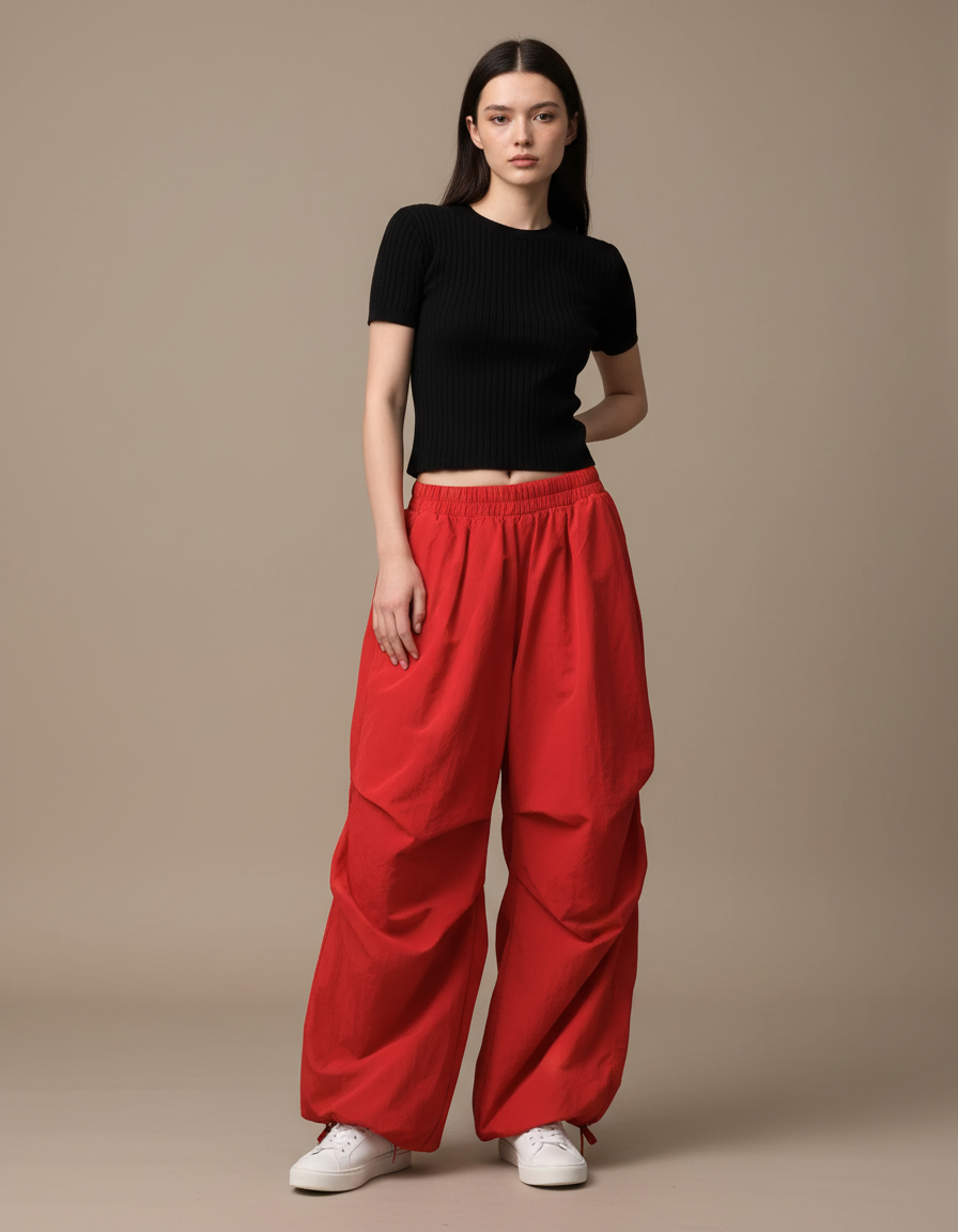 Pantalon Parachute Rouge Ample Fluide Décontracté Cordon - Coton