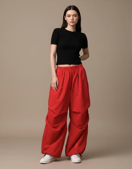 Pantalon Parachute Rouge Ample Fluide Décontracté Cordon - Coton