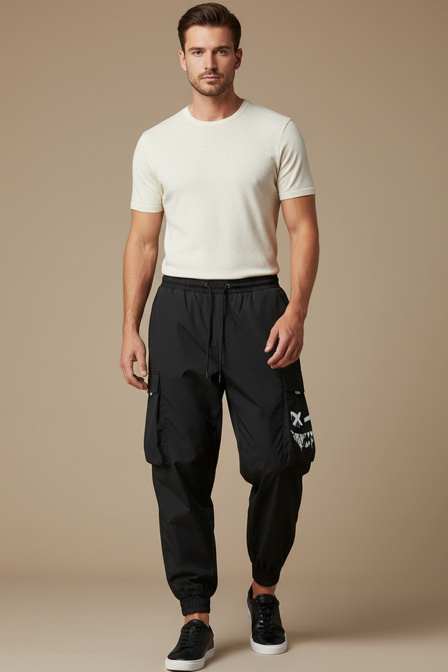 Pantalon Parachute Noir Cargo Ample Imprimé Homme - Polyester