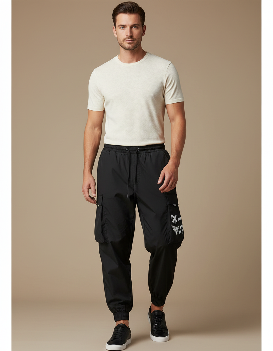 Pantalon Parachute Noir Cargo Ample Imprimé Homme - Polyester