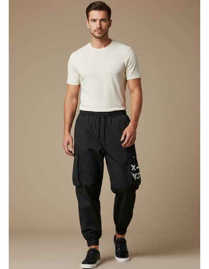 Pantalon Parachute Noir Cargo Ample Imprimé Homme - Polyester
