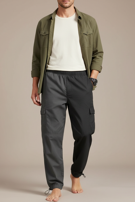 Pantalon Parachute Homme Gris Cordon Ample Cargo - Polyester