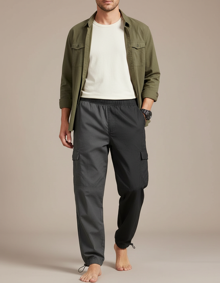 Pantalon Parachute Homme Gris Cordon Ample Cargo - Polyester