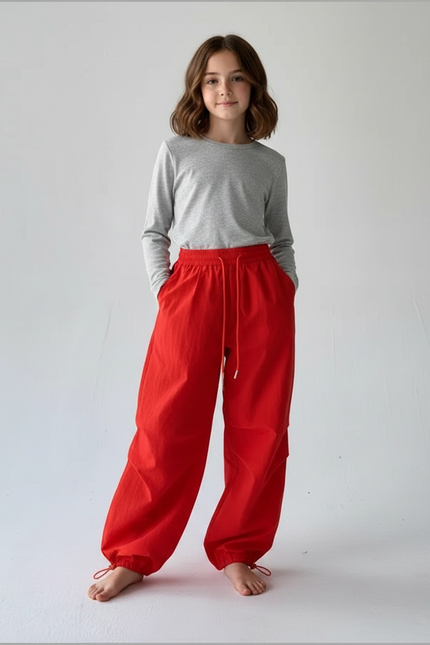 Pantalon Parachute Rouge Fluide Ample Décontracté Femme - Lin