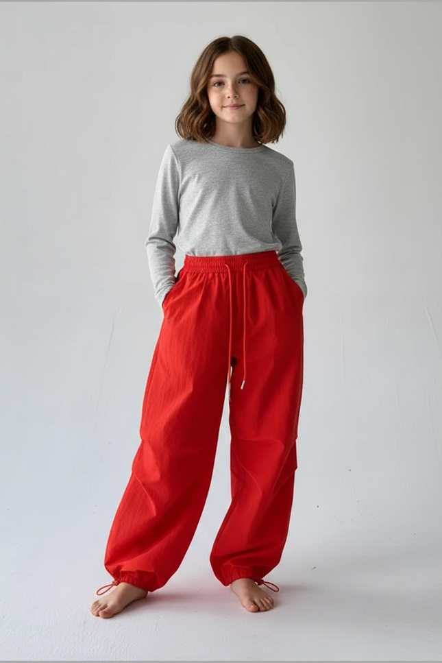Pantalon Parachute Rouge Fluide Ample Décontracté Femme - Lin