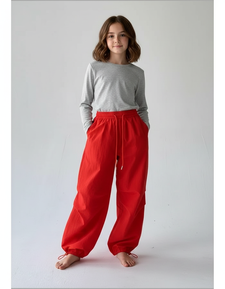 Pantalon Parachute Rouge Fluide Ample Décontracté Femme - Lin
