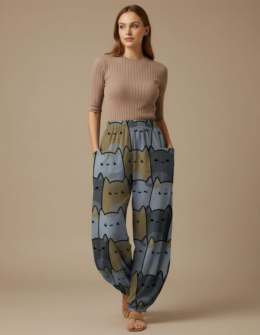 Pantalon Parachute Chats Imprimés Ample Décontracté Poches Fluide - Polyester