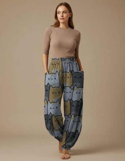Pantalon Parachute Chats Imprimés Ample Décontracté Poches Fluide - Polyester