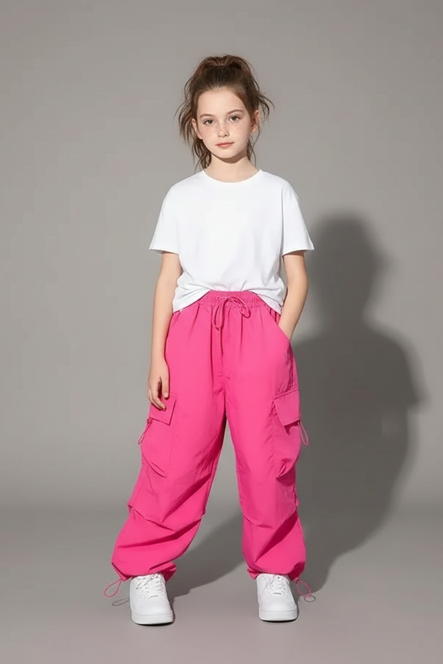 Pantalon Parachute Rose Cargo Ample Enfant Fille - Polyester
